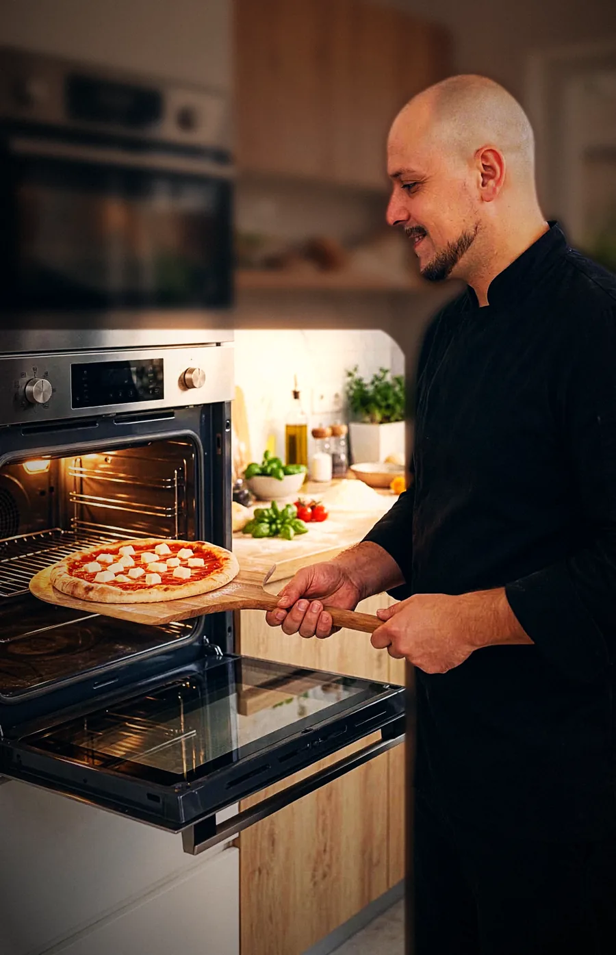 Federico inforna la pizza nel forno di casa